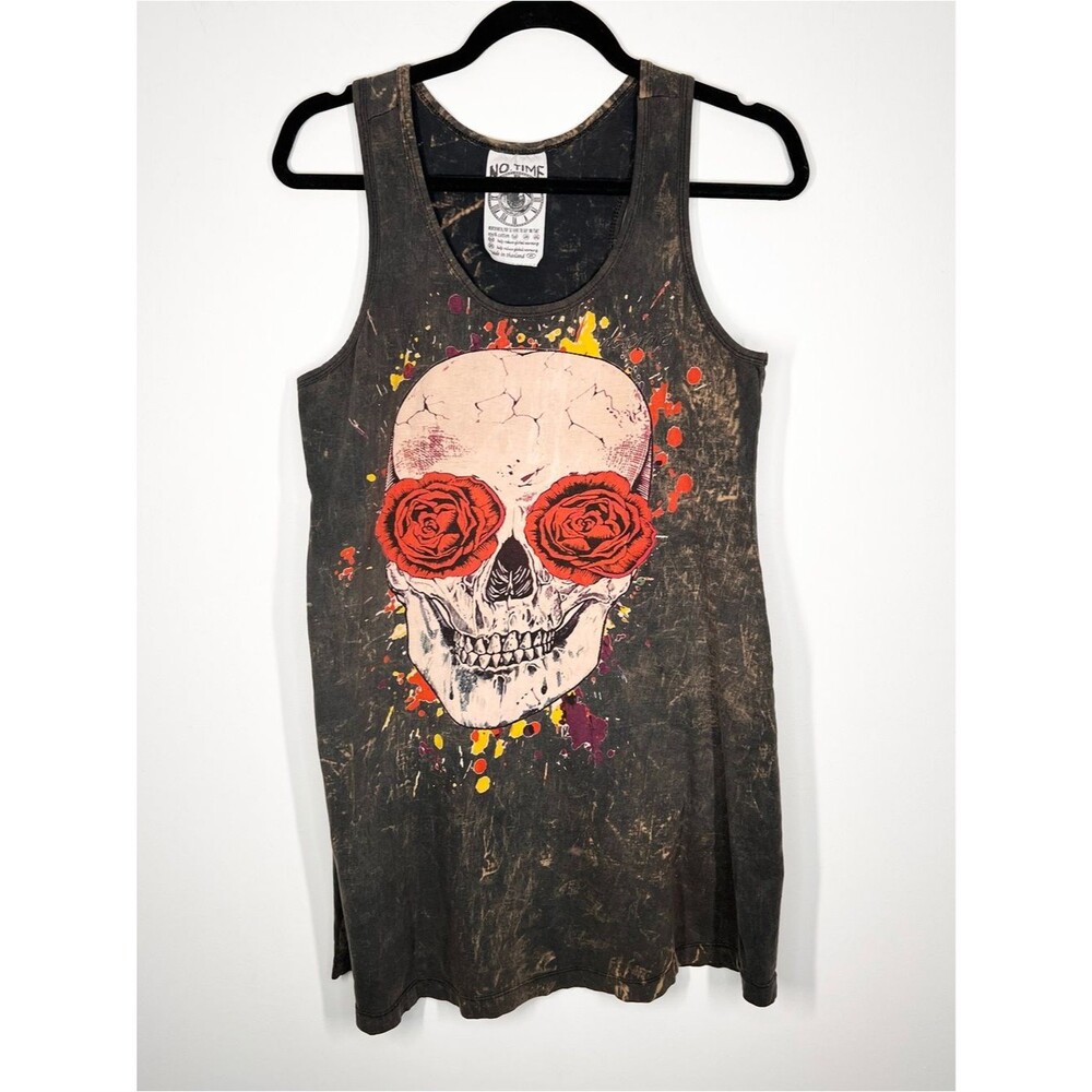 No Time 100% Cotton Skull With Roses Bleach Wash Artsy Mini Dress Tank Top M